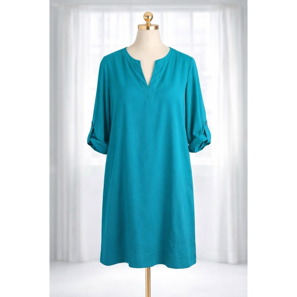 L.L.Bean Popover Dress Lightweight Casual Teal V-Neck Roll Tab Sleeve Size L
